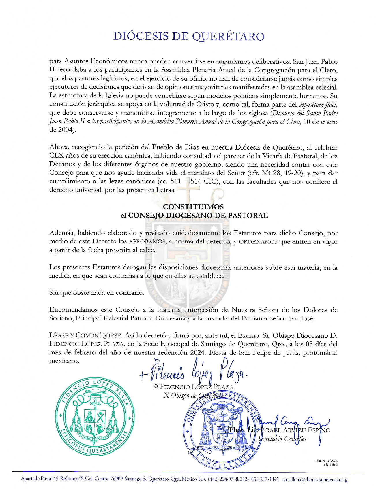 Prot. N. 11/2024 Asunto: Decreto de Constitución del Consejo Diocesano de Pastoral y aprobación de sus Estatutos 2